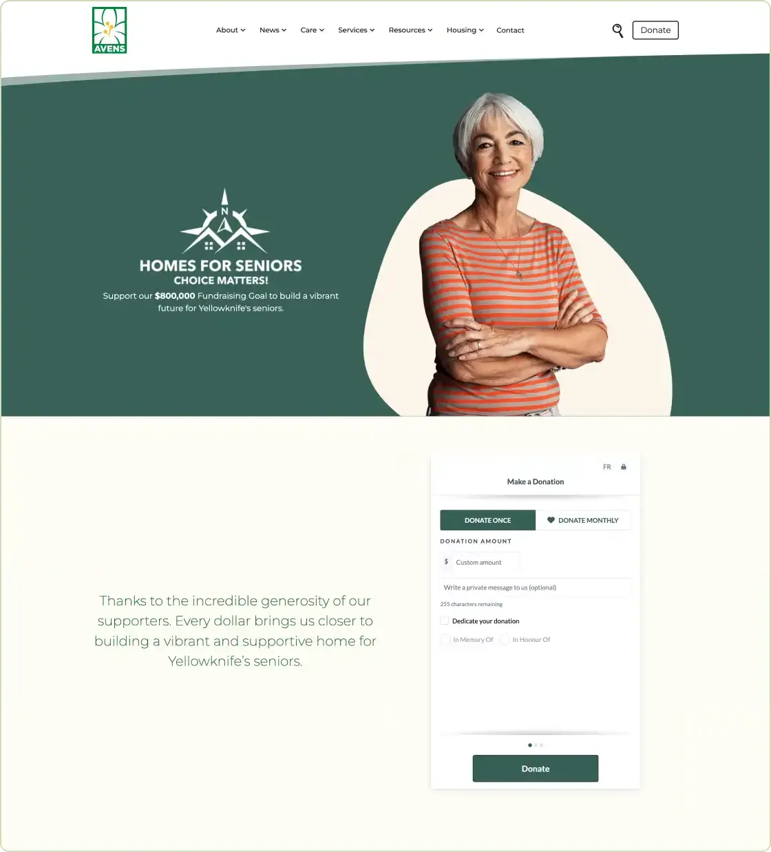 Sample screenshot of the Avens donation campaign page.