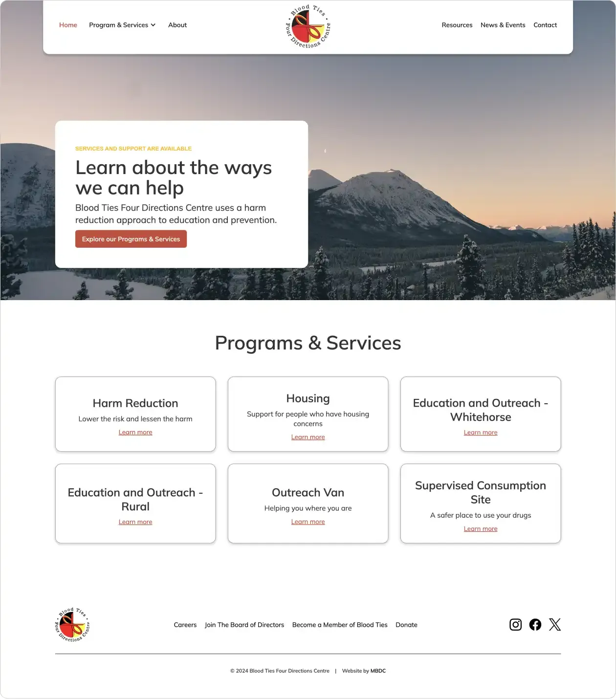 Sample screenshot of the Blood Ties Four Directions website homepage.