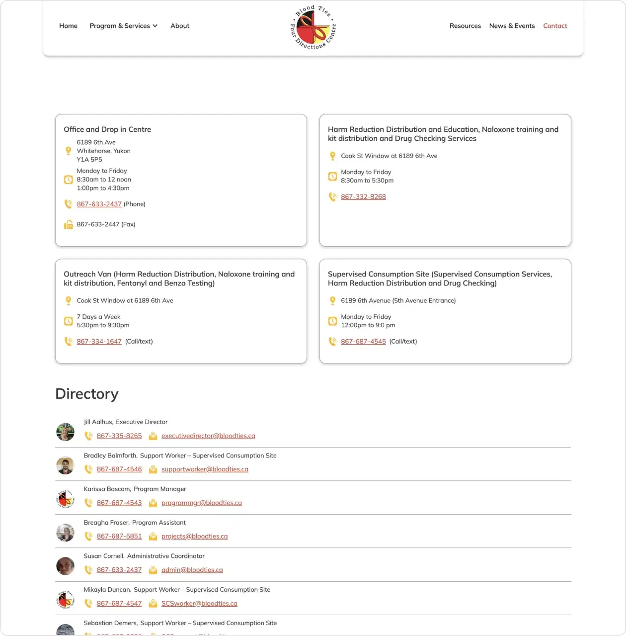 Sample screenshot of the Blood Ties Four Directions website contact page.