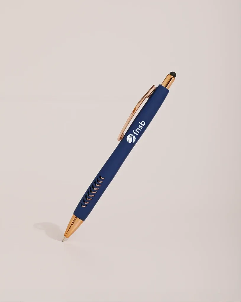 Dark blue First Nation School Board pen with gold accents, angled on a light background.
