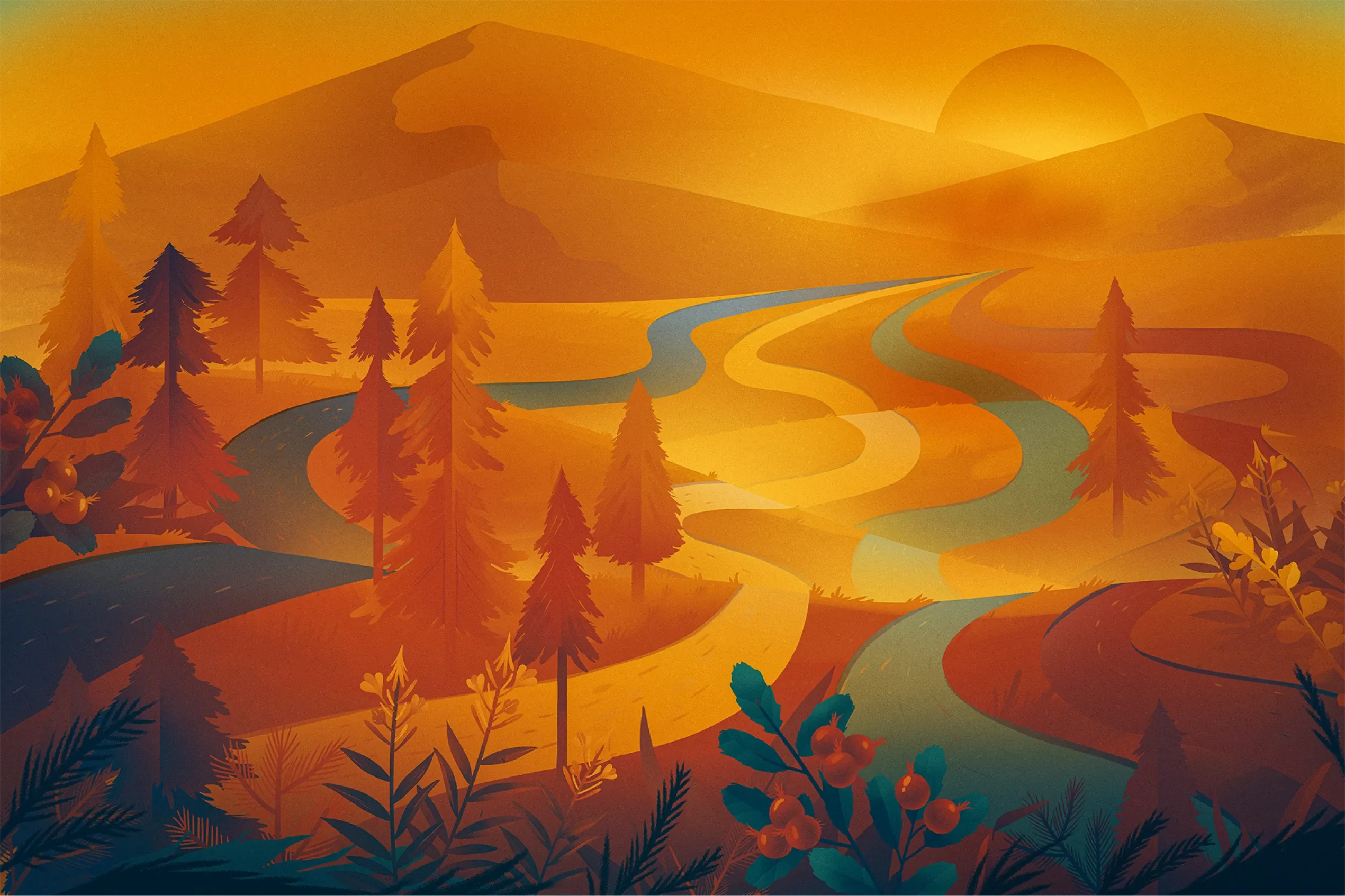 Stylized illustration of a winding river and road flowing through a forested landscape at sunset, with rolling hills, evergreen trees and warm golden-orange tones inspired by northern landscapes.