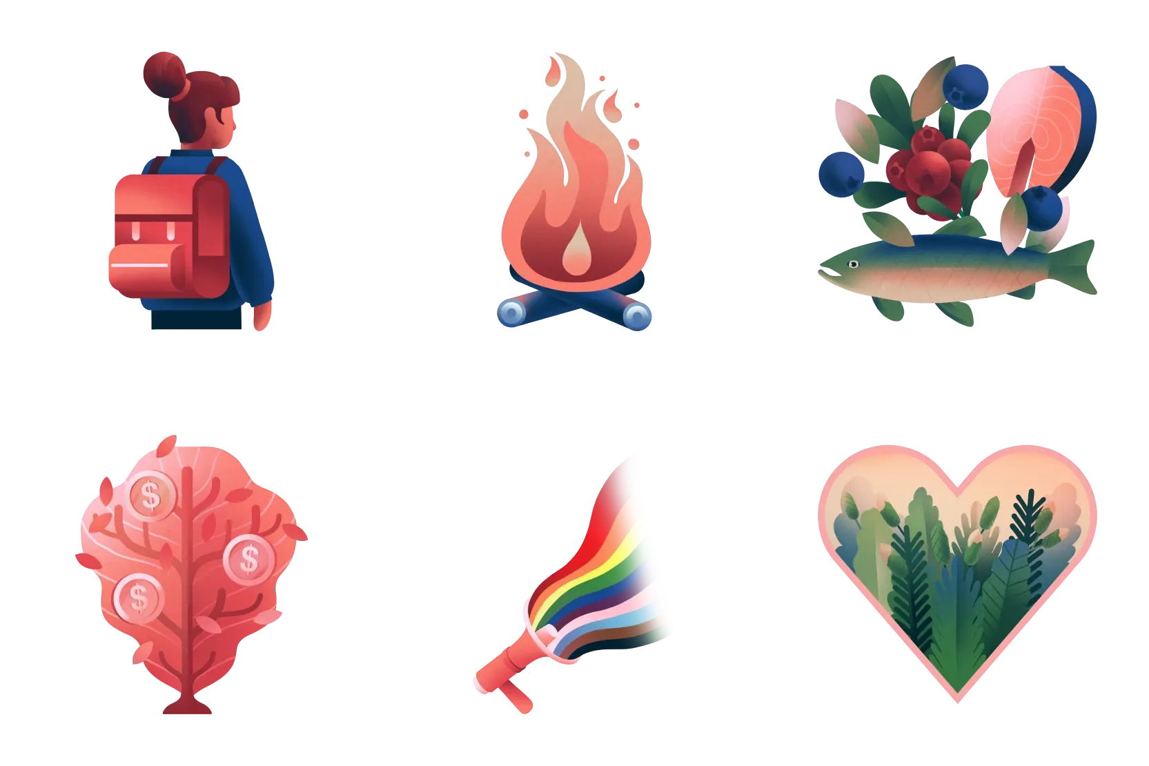 Illustrated icons representing IWIC Virtual Resource Centre categories, including youth, cultural fire, traditional foods, financial wellbeing, 2SLGBTQIA+ pride and holistic wellness.