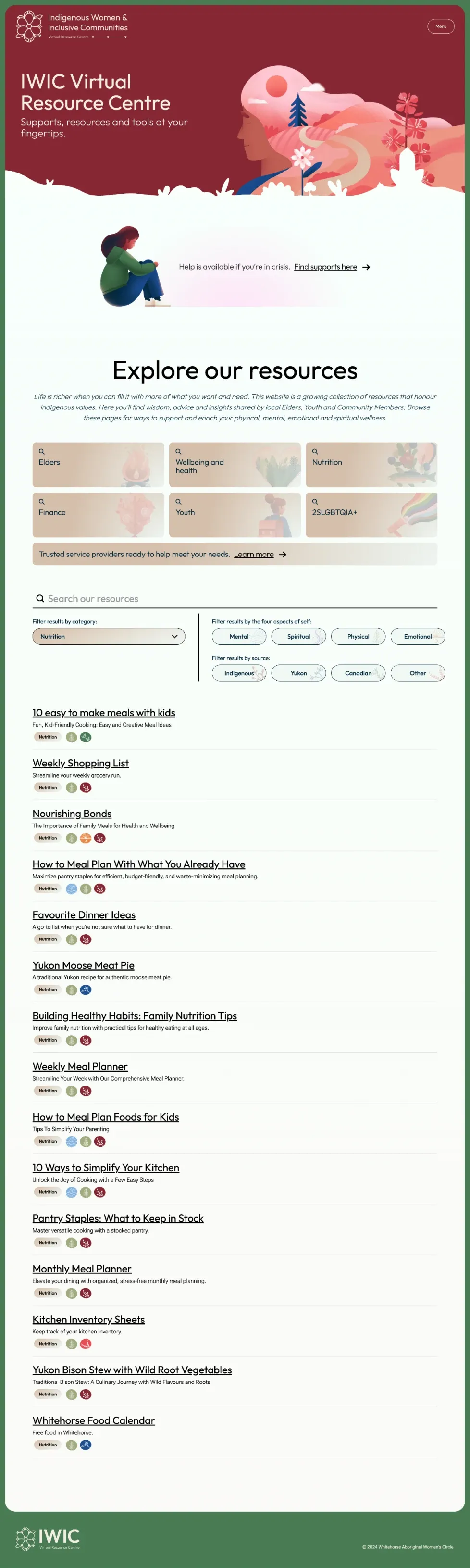 IWIC Virtual Resource Centre homepage displayed on a tablet, showing the resource search, category filters and culturally inspired illustrations.