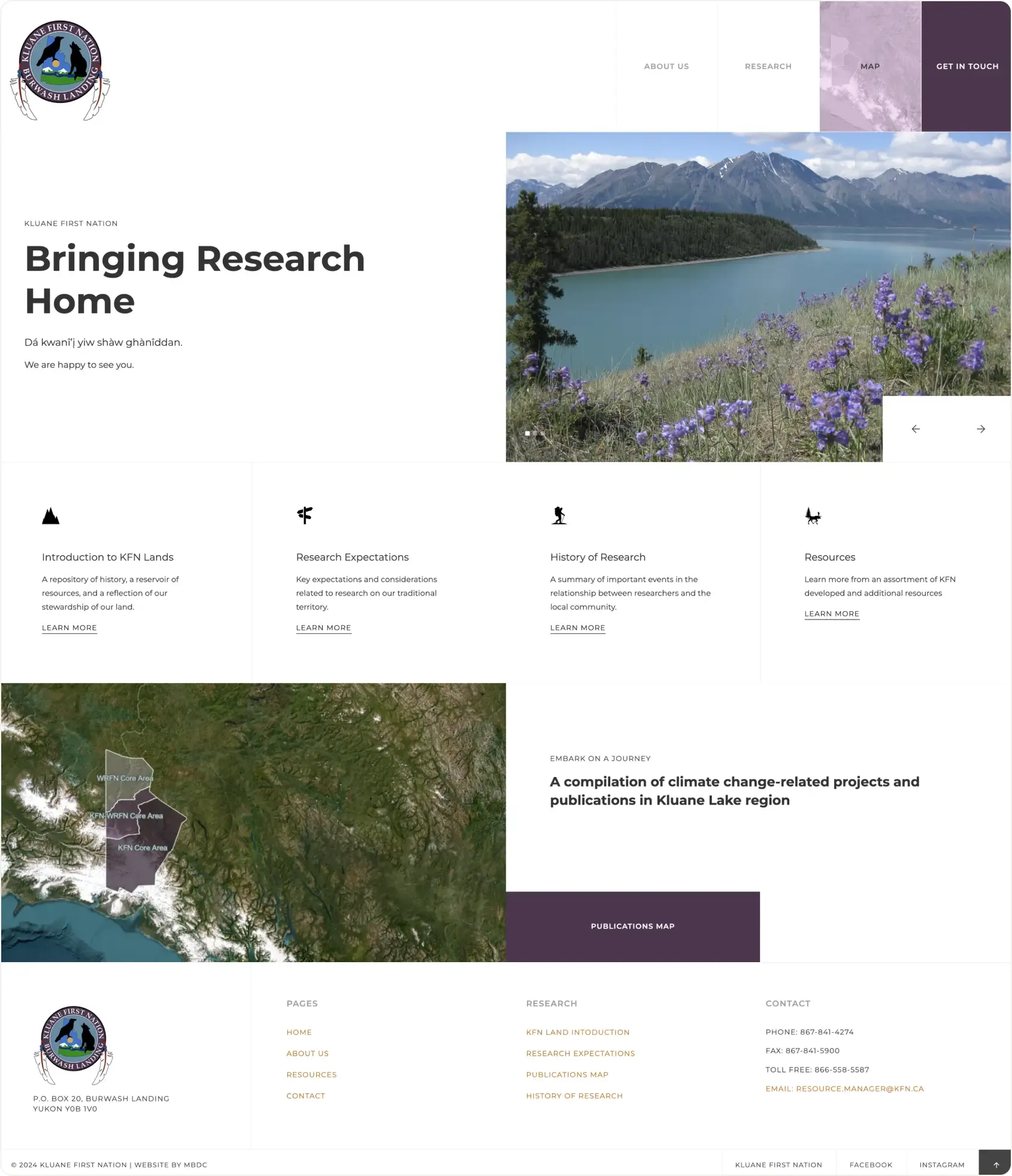 Sample screenshot of the Kluane First Nation research website home page.