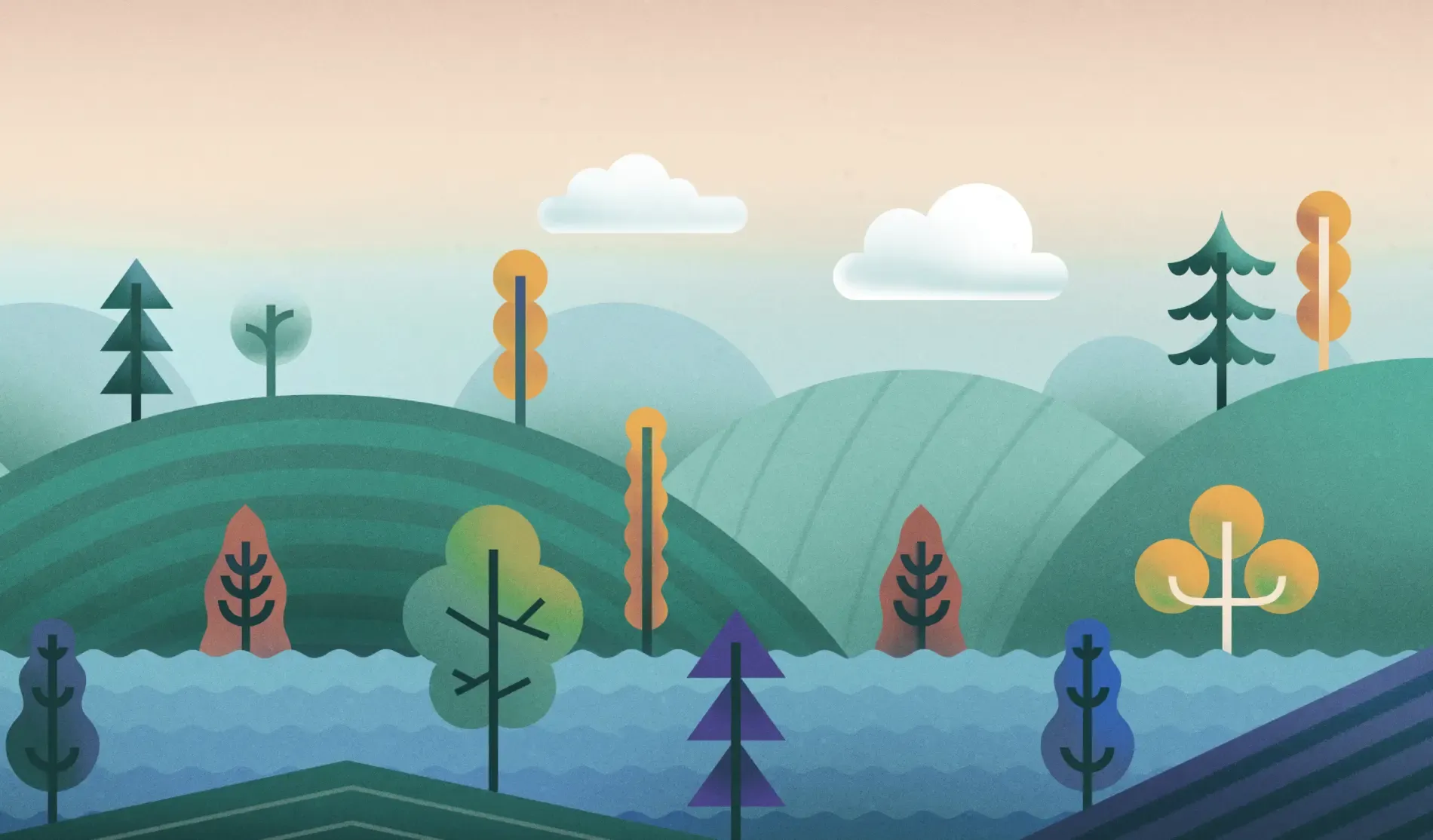 Illustration of a stylized landscape with hills, trees and clouds.