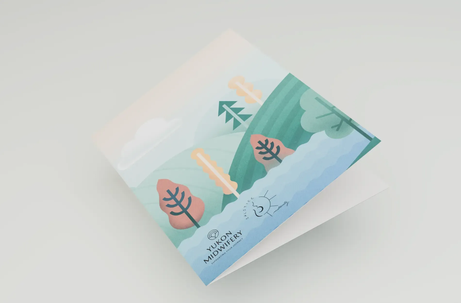 Presentation folder with an illustrated cover showing hills, trees and clouds.