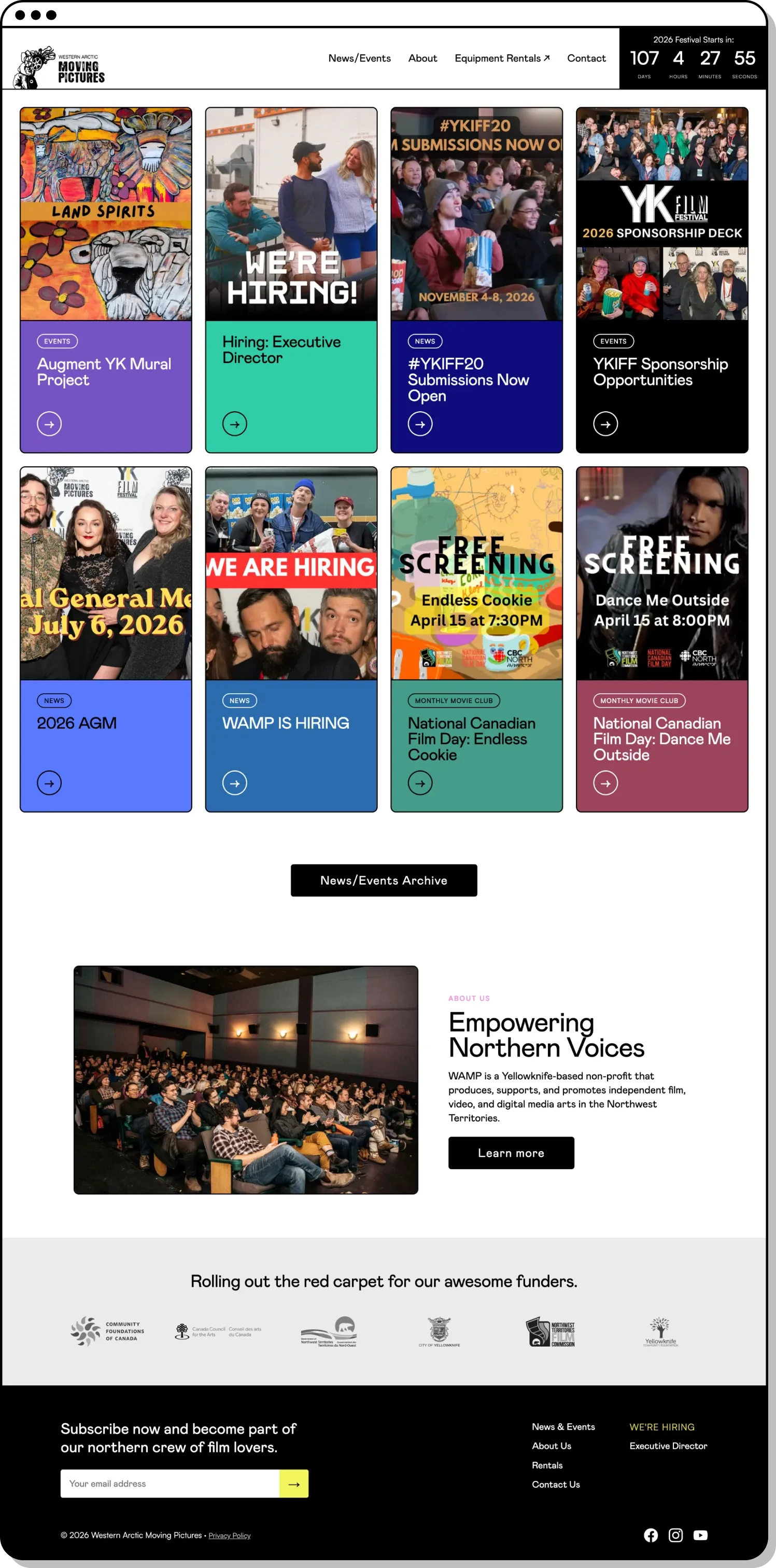 Screenshot of the Western Arctic Moving Pictures homepage, showing the navigation bar, a countdown to the film festival, and sections highlighting programs and events. The footer includes sponsor logos, a newsletter signup and social media links.