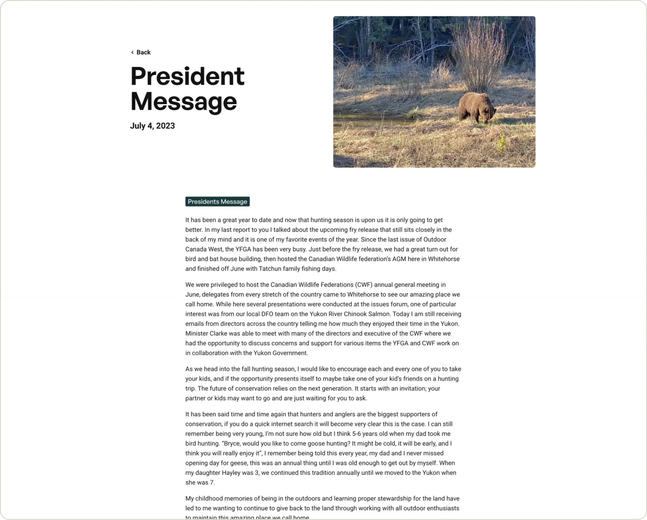 Sample screenshot of the Yukon Fish and Game Association membership page.