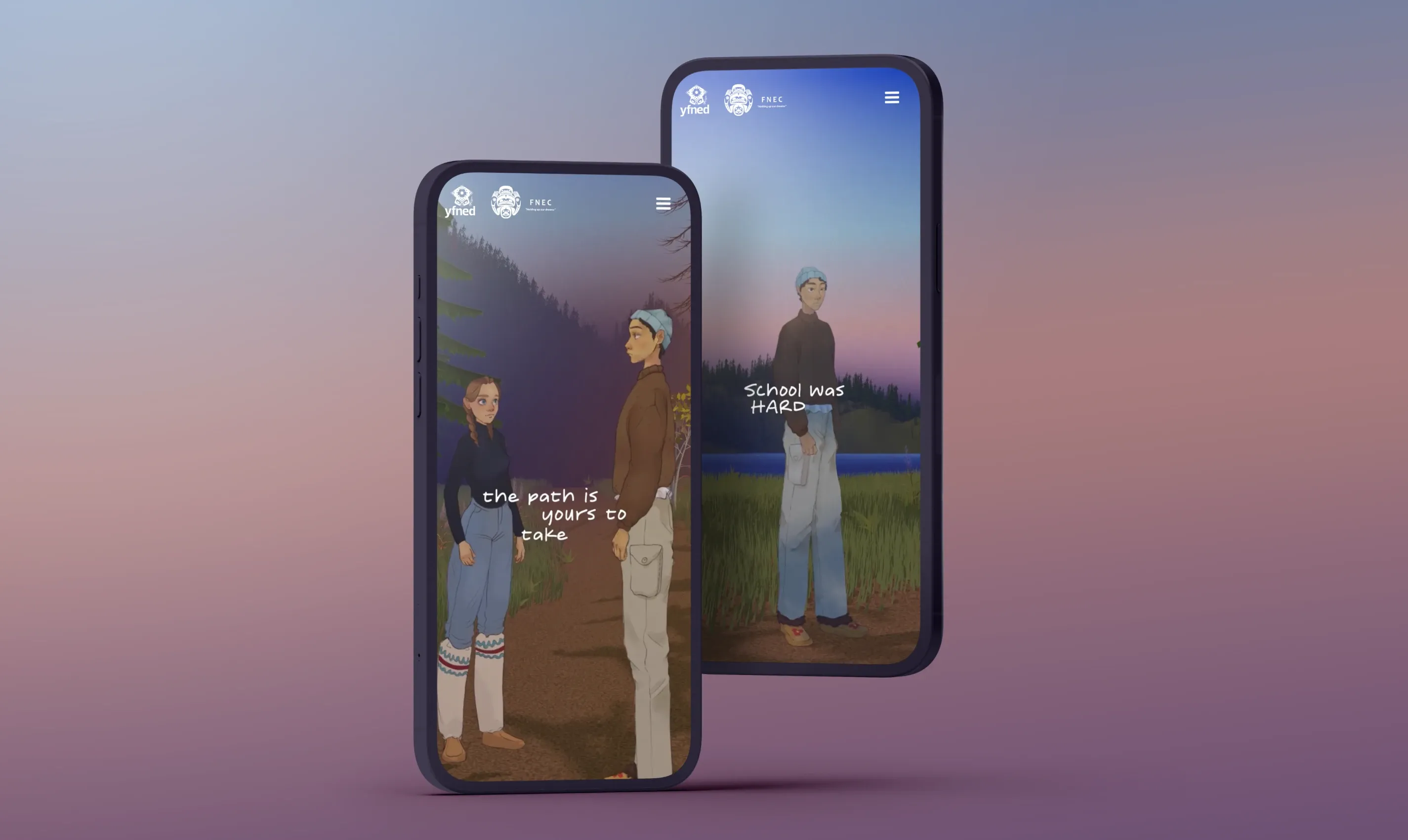 Two mobile screens showing scenes from the Grad Planner app, with illustrated Yukon youth characters in a forest setting as part of an interactive storytelling experience.