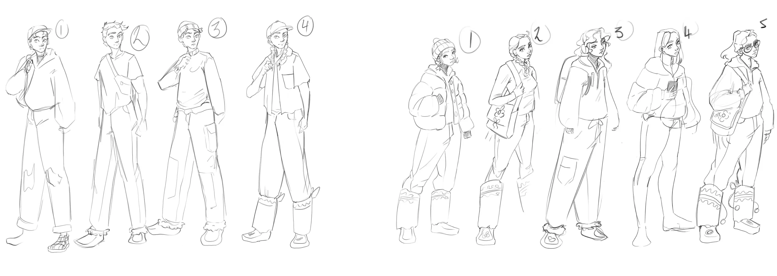 Concept sketches of Yukon youth characters exploring clothing, poses and expressions during early development of the Grad Planner app.