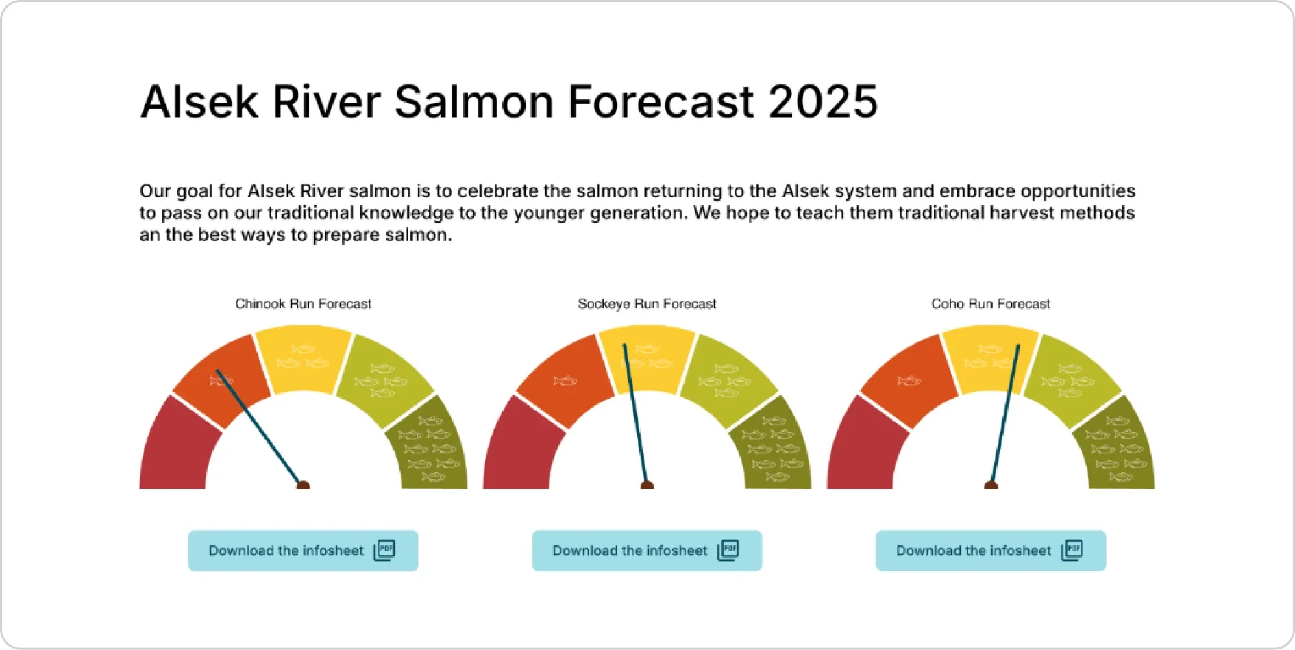 Sample screenshot of the Yukon First Nation Salmon Stewardship Alliance river forecasts.