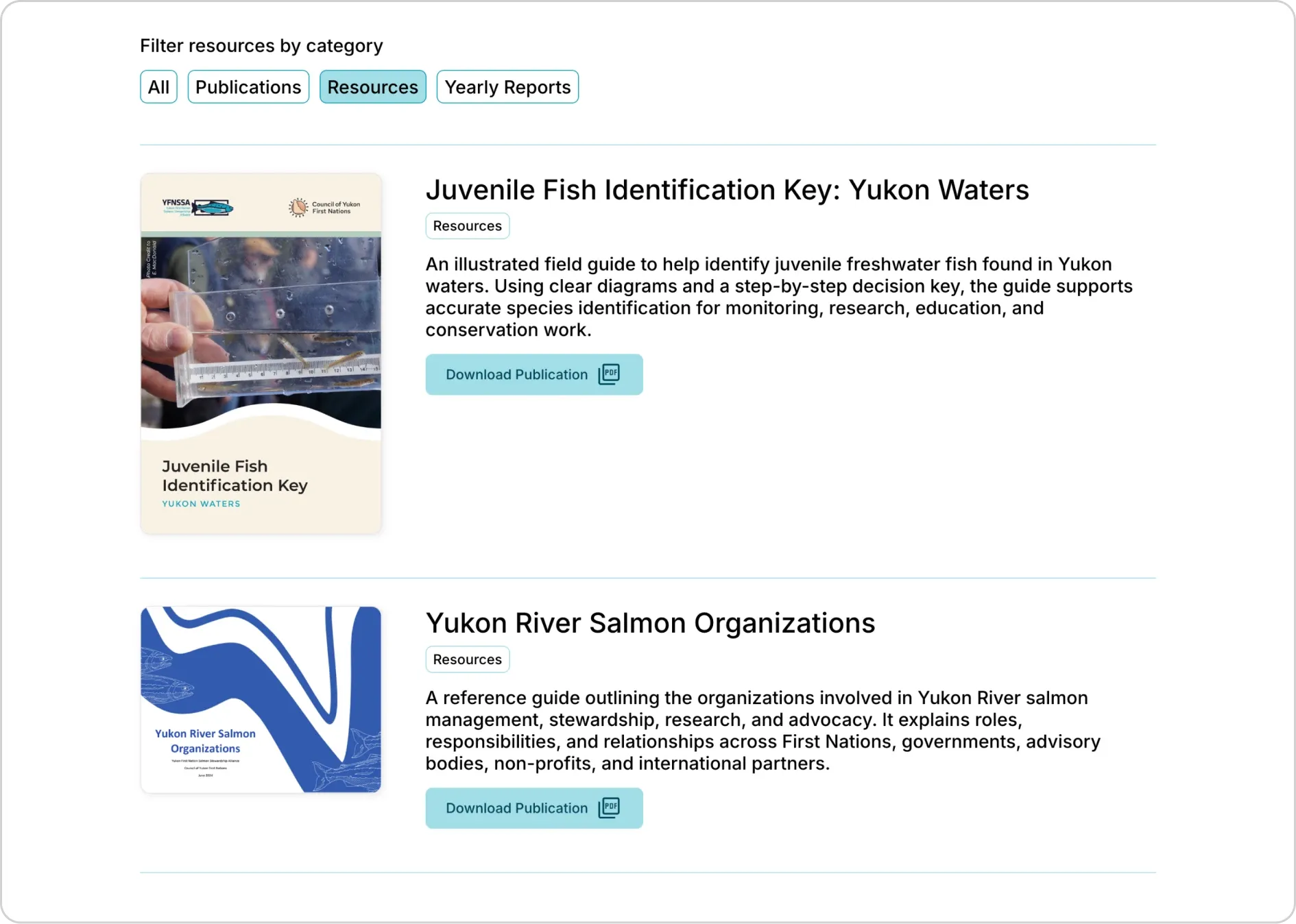Sample screenshot of the Yukon First Nation Salmon Stewardship Alliance publication hub.