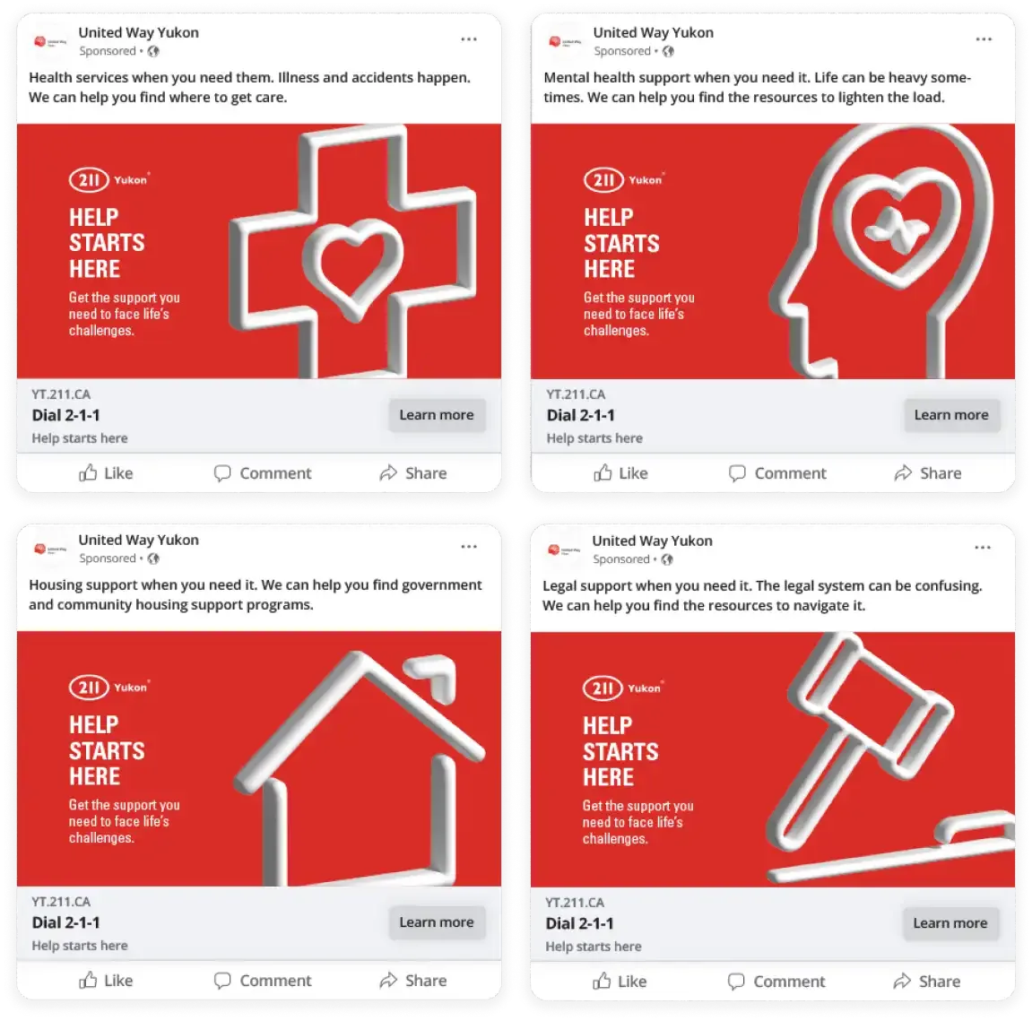 Four United Way Yukon 2-1-1 social ads highlighting health, mental health, housing and legal support, with the message “Help starts here”.