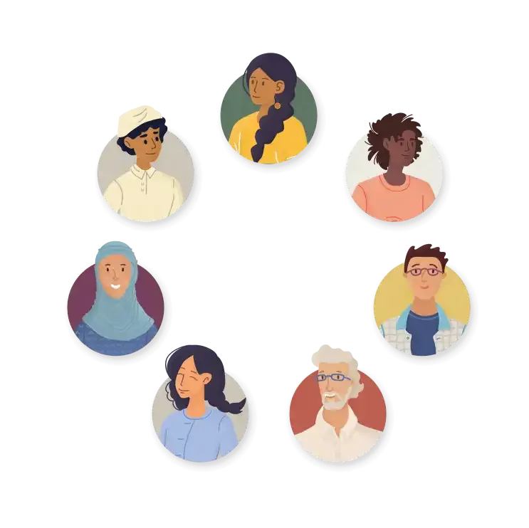 Illustrated portraits of people of various ages, ethnicities and genders arranged in a circle, representing inclusive public health outreach for the Yukon Government’s 2022 fall flu campaign.