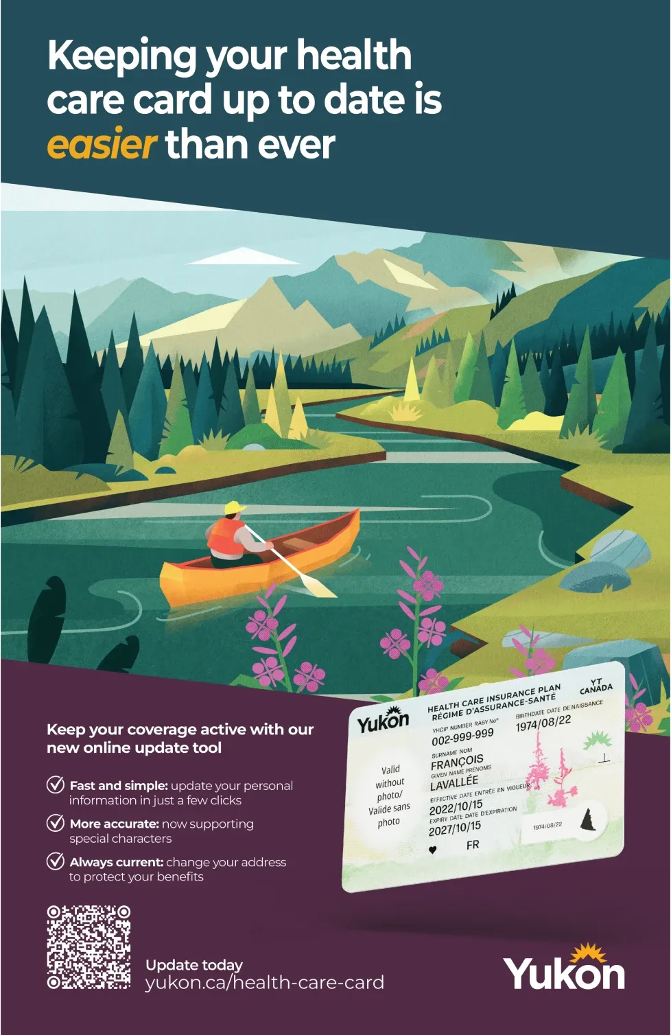 English poster for the Yukon health care card campaign, featuring a canoe on a Yukon river landscape, health care card imagery, a QR code, and messaging about updating personal information online.