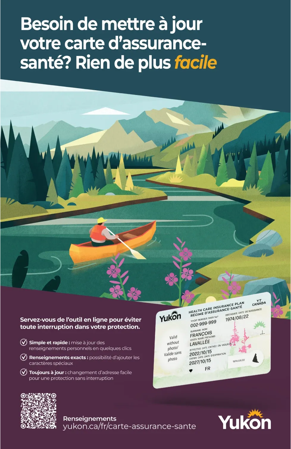 French poster for the Yukon health care card campaign, featuring a Yukon river landscape, canoe illustration, health care card graphic, a QR code, and French messaging about updating card information online.