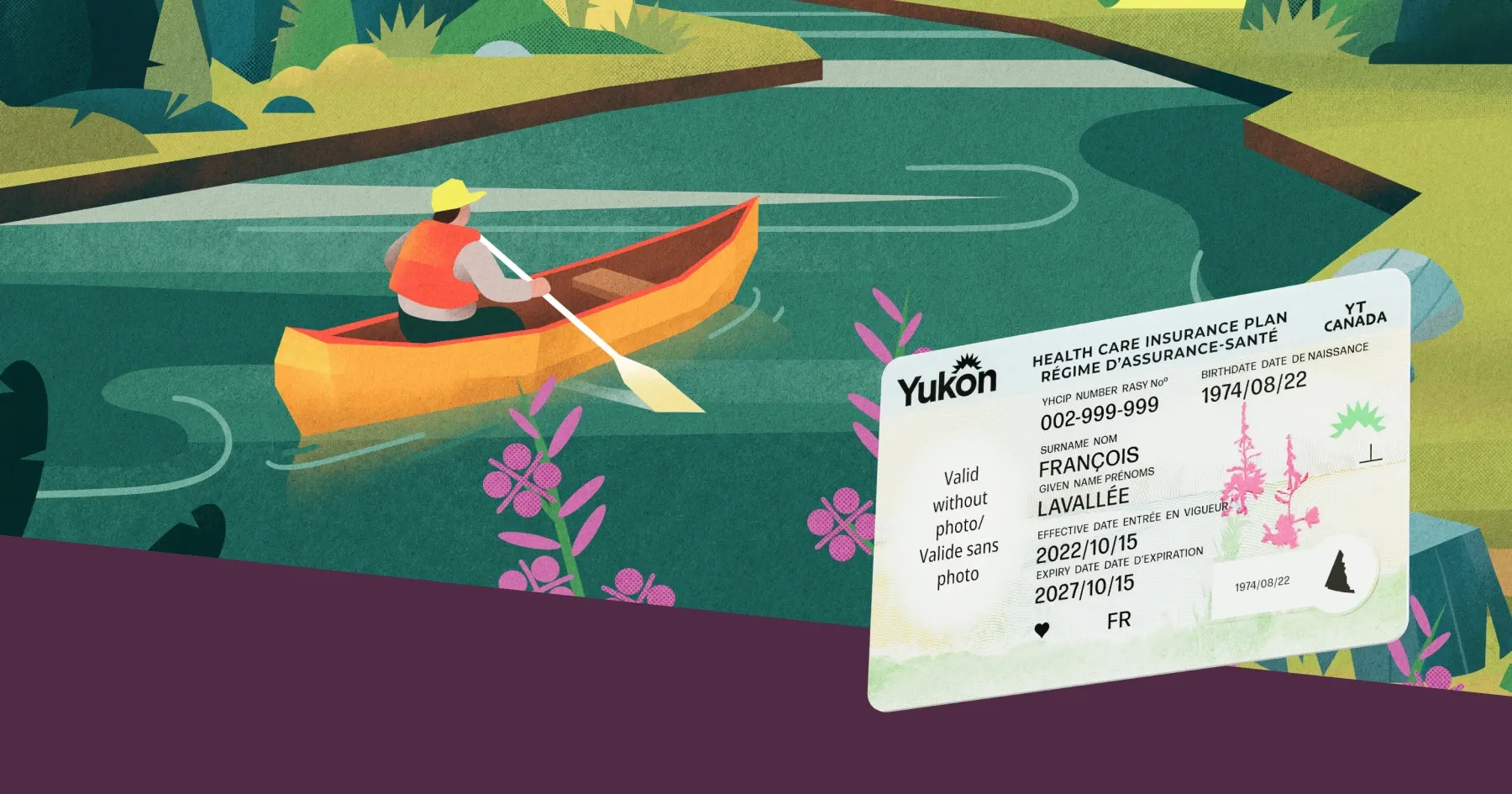 Close-up campaign image showing a Yukon health care card over a stylized river and mountain illustration.