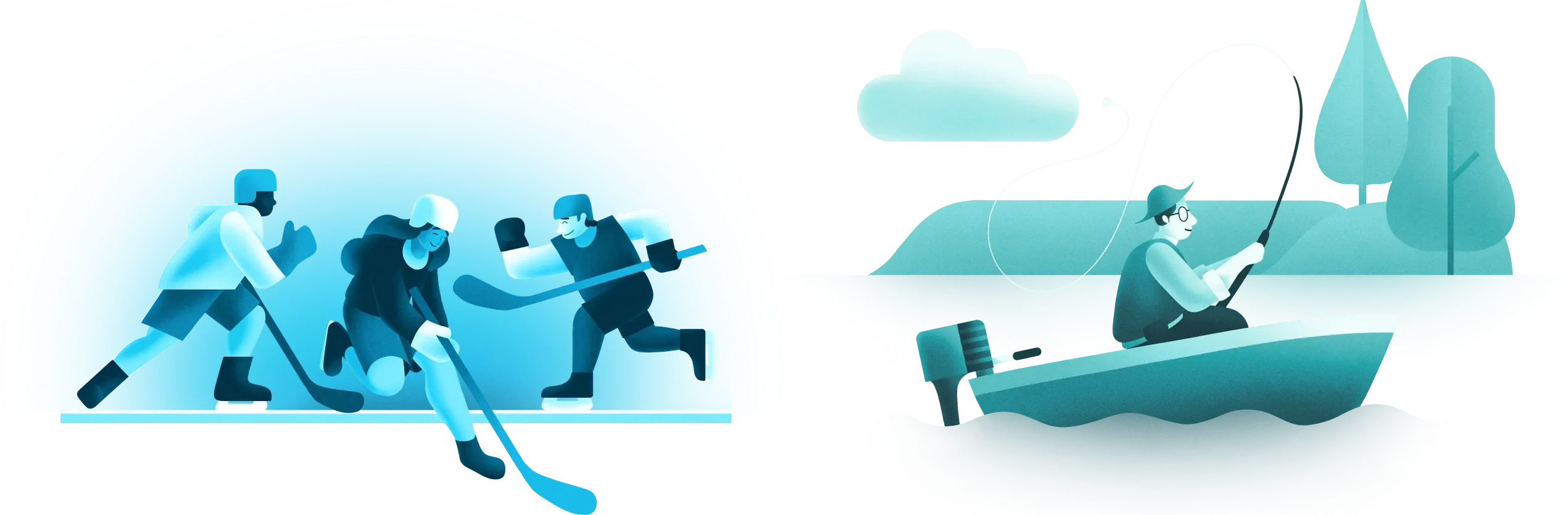 Illustration set depicting physical activity, outdoor recreation and moments of calm, representing healthy lifestyle choices and wellbeing.