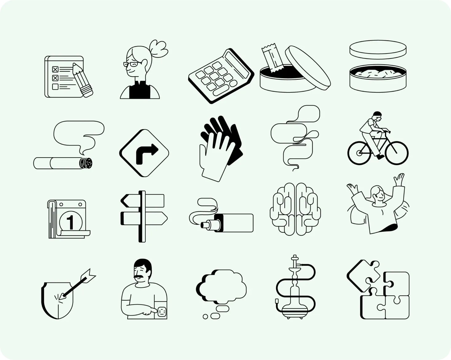 Icon set illustrating quit planning, coaching support, medication options, cravings, decision-making, physical activity and mental wellbeing.