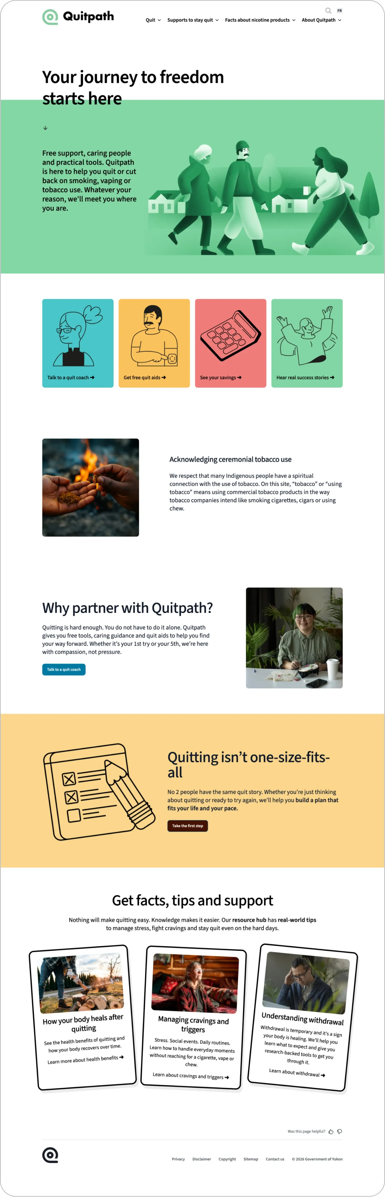 Full homepage layout of the Quitpath website showing navigation, key support options and educational resources for quitting smoking or vaping.
