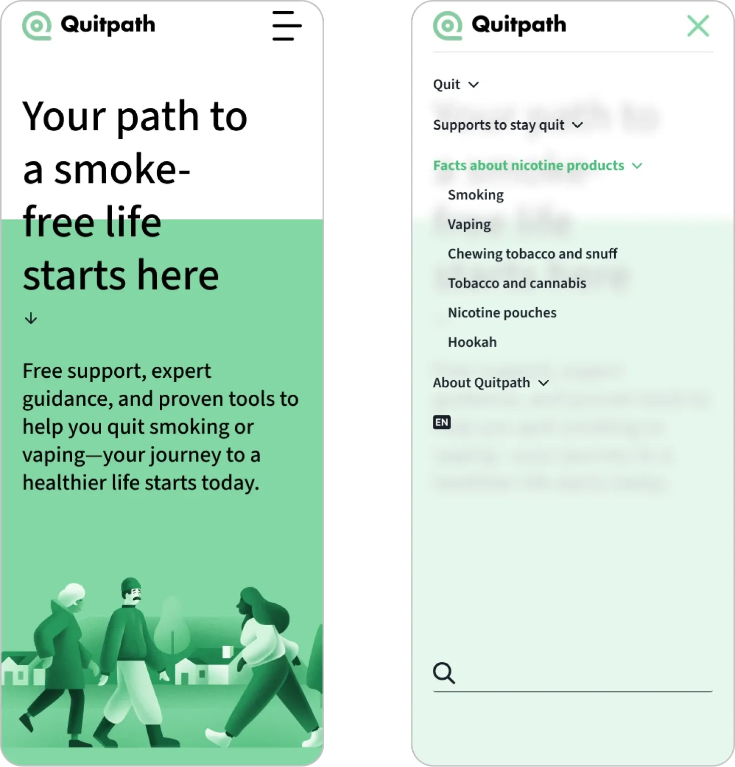 Mobile view of the Quitpath website showing the homepage message and expandable navigation menu.