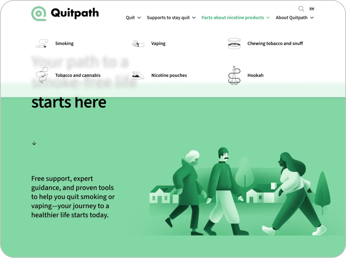 The Quitpath website navigation menu showing sections for quitting support and information about nicotine products.
