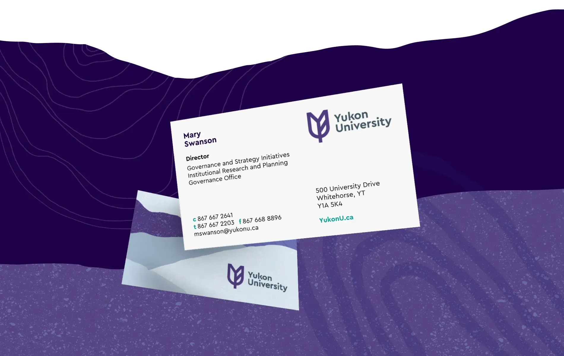 Yukon University collateral design with modern branding elements on a teal and white background.
